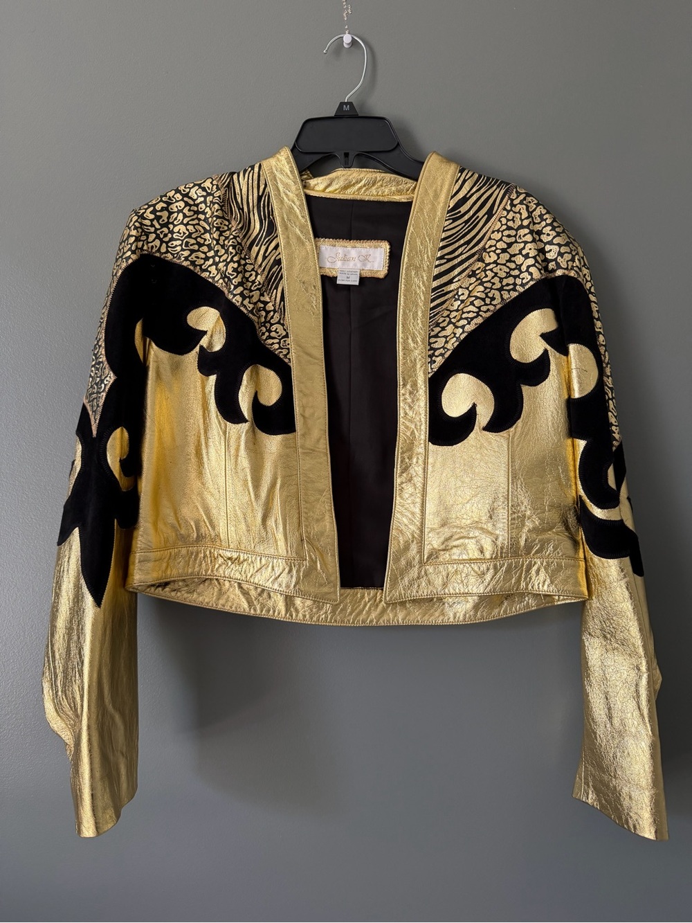 Julian K. Black & Gold Womens M Leather Bomber Jacket Art Deco Style Vintage